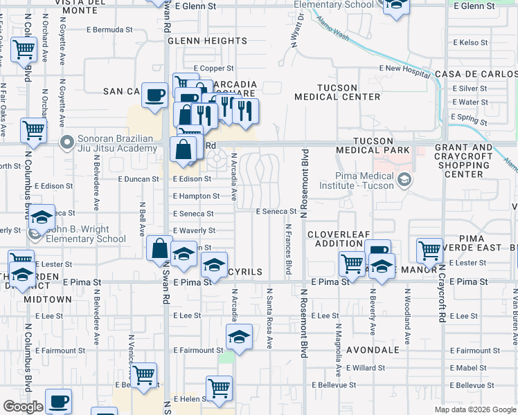 map of restaurants, bars, coffee shops, grocery stores, and more near 2035 North Nancy Rose Boulevard in Tucson