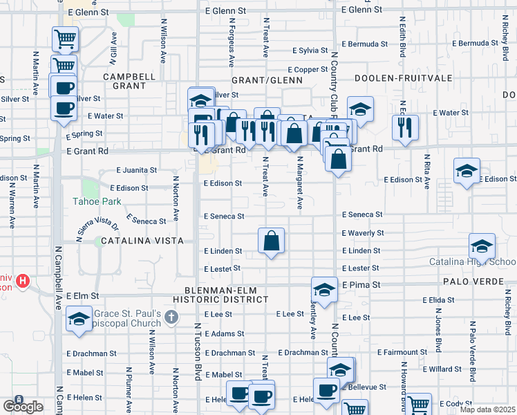 map of restaurants, bars, coffee shops, grocery stores, and more near 2801 East Seneca Street in Tucson