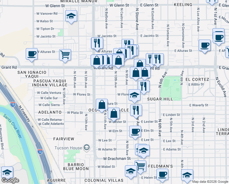 map of restaurants, bars, coffee shops, grocery stores, and more near 141 West Flores Street in Tucson