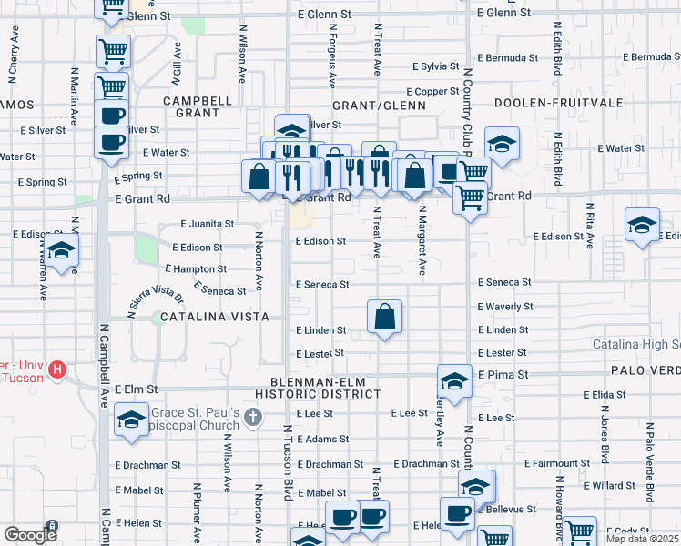 map of restaurants, bars, coffee shops, grocery stores, and more near 2114 North Forgeus Avenue in Tucson