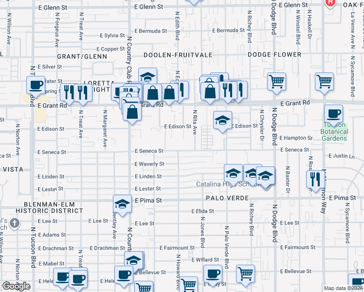 map of restaurants, bars, coffee shops, grocery stores, and more near 3312 East Seneca Street in Tucson