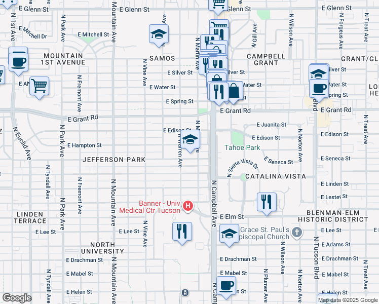 map of restaurants, bars, coffee shops, grocery stores, and more near 1701 East Seneca Street in Tucson