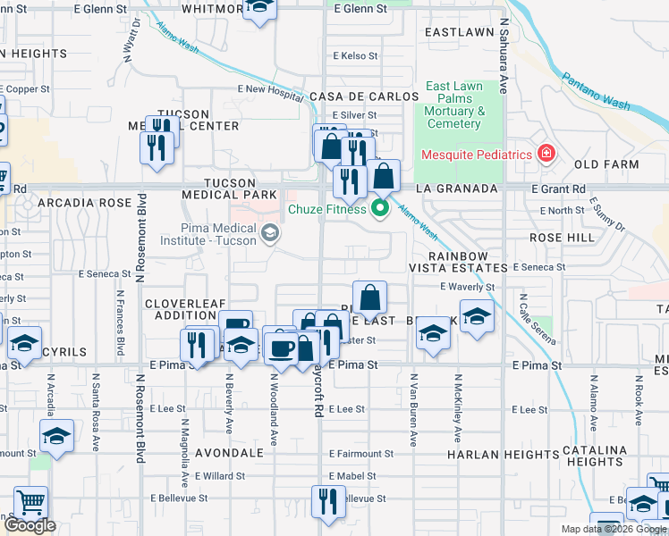 map of restaurants, bars, coffee shops, grocery stores, and more near in Tucson