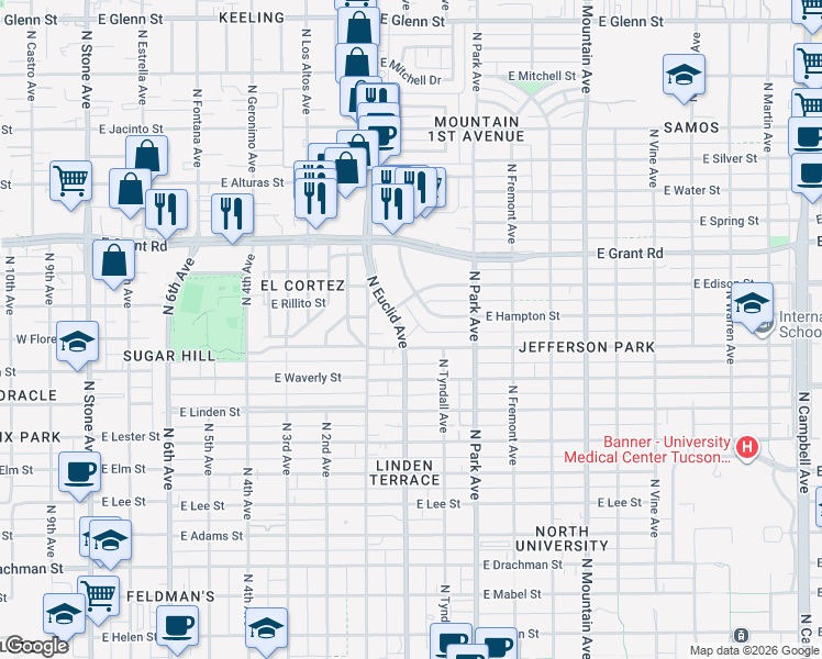 map of restaurants, bars, coffee shops, grocery stores, and more near 2136 North Euclid Avenue in Tucson