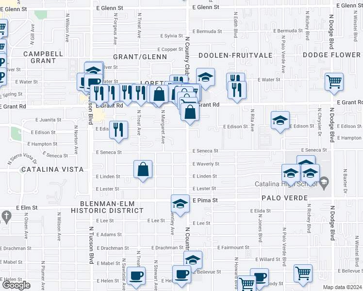 map of restaurants, bars, coffee shops, grocery stores, and more near 2121 North Country Club Road in Tucson