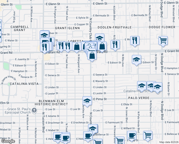 map of restaurants, bars, coffee shops, grocery stores, and more near 2121 North Country Club Road in Tucson
