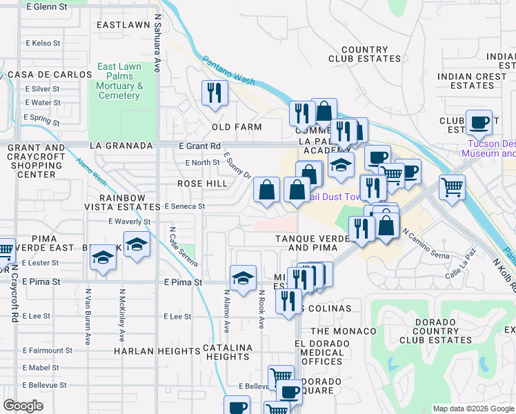 map of restaurants, bars, coffee shops, grocery stores, and more near 6134 East Adobe Place in Tucson