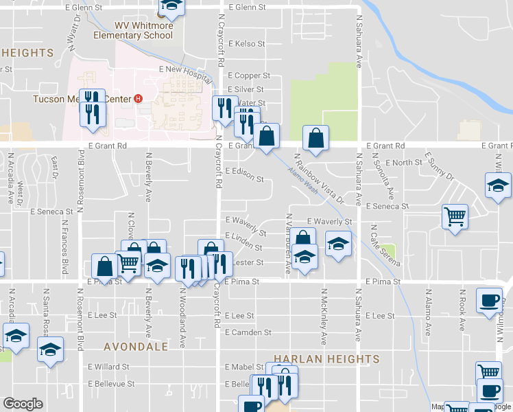 map of restaurants, bars, coffee shops, grocery stores, and more near 5621 East Julius Stravenue in Tucson