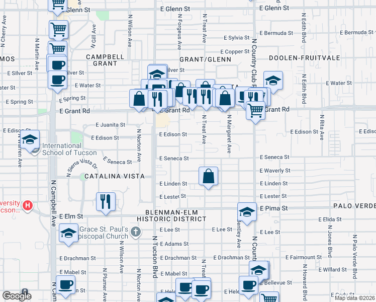 map of restaurants, bars, coffee shops, grocery stores, and more near 2625 East Seneca Street in Tucson