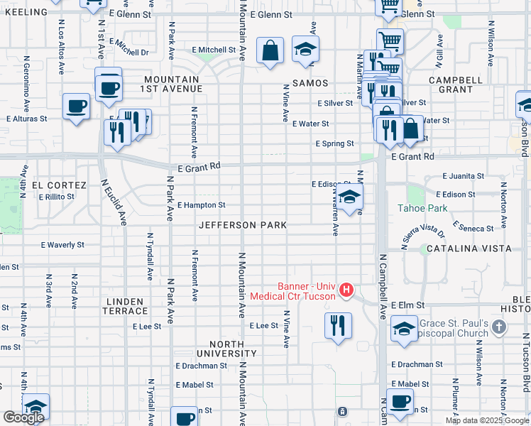 map of restaurants, bars, coffee shops, grocery stores, and more near 1415 East Seneca Street in Tucson