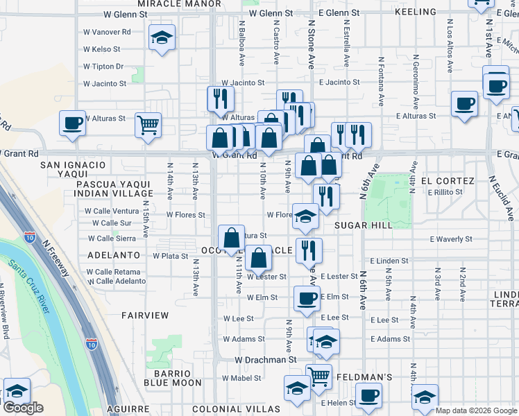 map of restaurants, bars, coffee shops, grocery stores, and more near 141 West Flores Street in Tucson