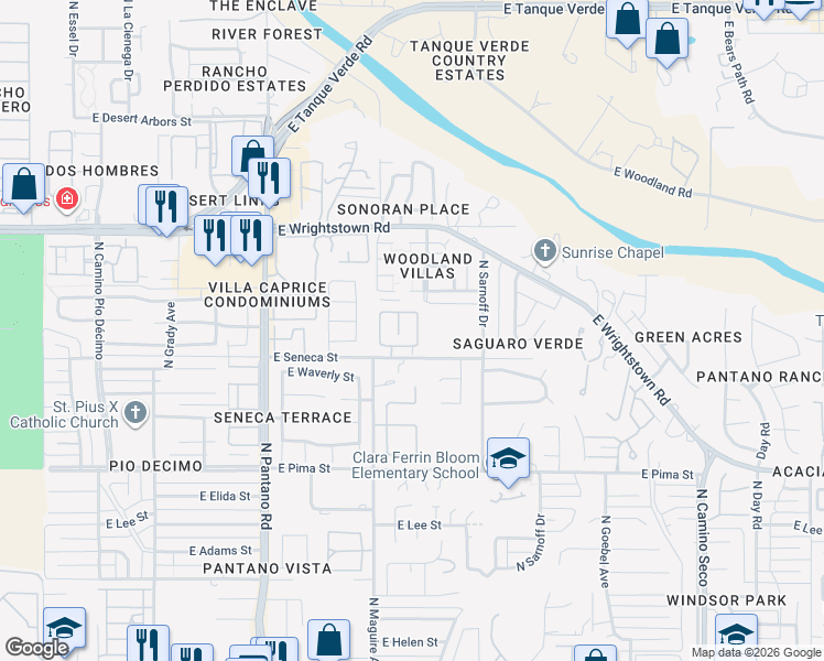 map of restaurants, bars, coffee shops, grocery stores, and more near 8157 East Prickly Poppy Drive in Tucson