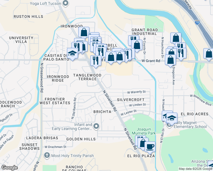 map of restaurants, bars, coffee shops, grocery stores, and more near 2030 West Waverly Street in Tucson