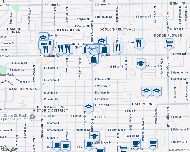 map of restaurants, bars, coffee shops, grocery stores, and more near in Tucson