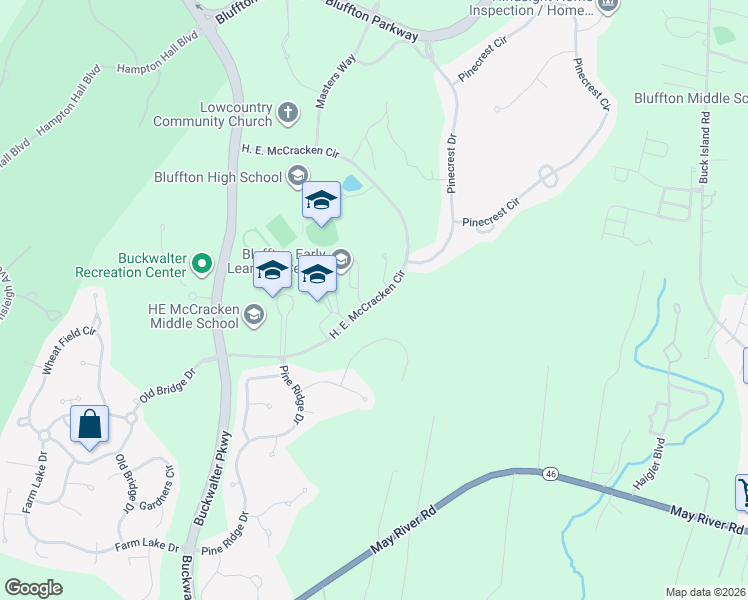 map of restaurants, bars, coffee shops, grocery stores, and more near 160 H. E. McCracken Circle in Bluffton