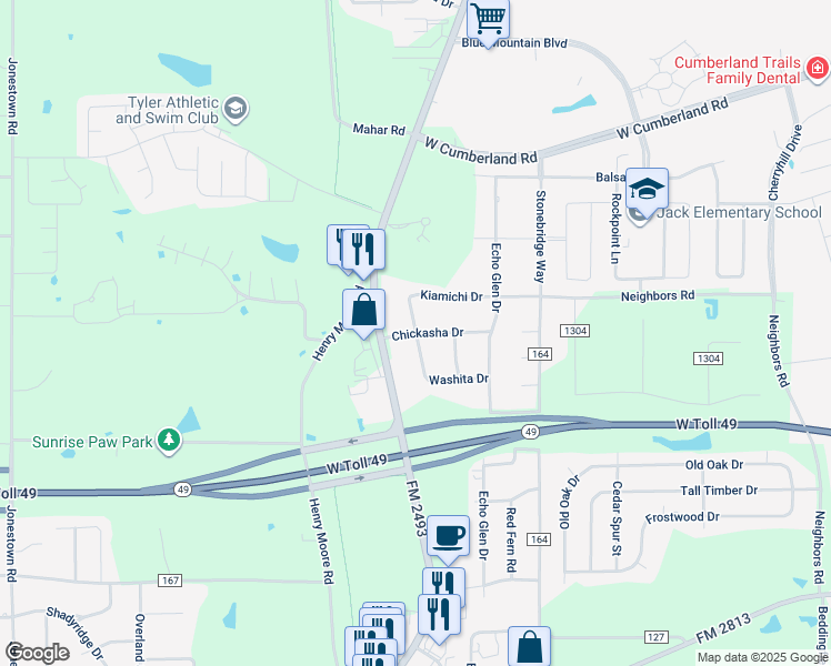 map of restaurants, bars, coffee shops, grocery stores, and more near 10820 Chickasha Drive in Tyler