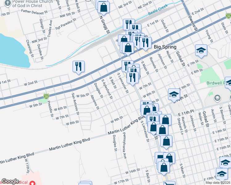 map of restaurants, bars, coffee shops, grocery stores, and more near 600-698 South Bell Street in Big Spring
