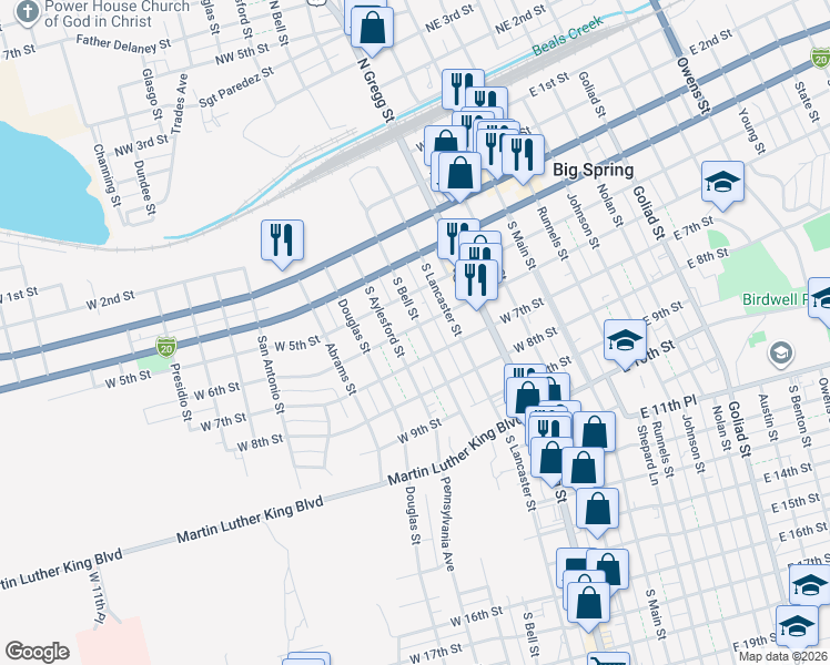 map of restaurants, bars, coffee shops, grocery stores, and more near 600 South Bell Street in Big Spring
