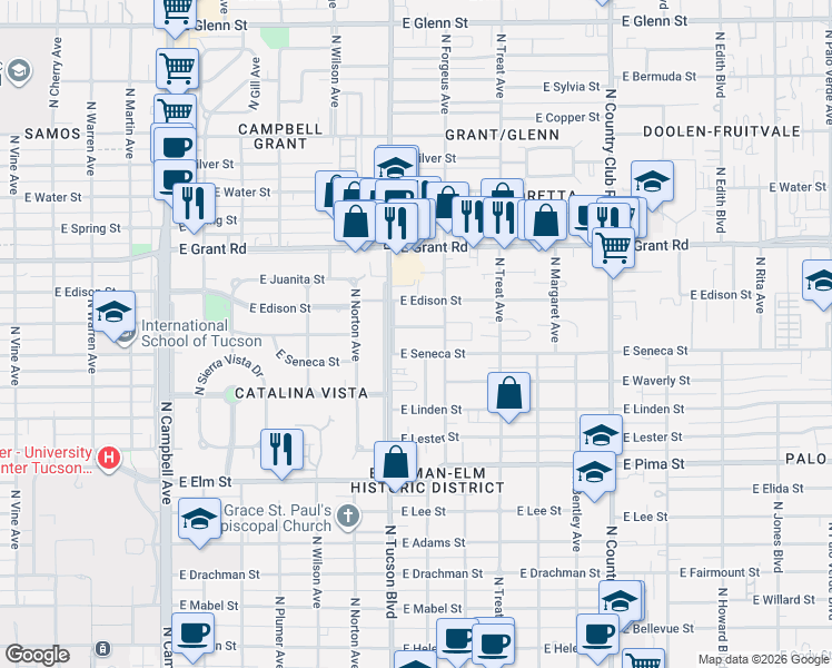 map of restaurants, bars, coffee shops, grocery stores, and more near 2526 East Hampton Street in Tucson