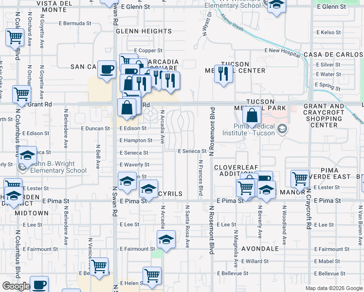 map of restaurants, bars, coffee shops, grocery stores, and more near 2038 North Santa Rosa Avenue in Tucson