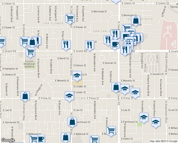 map of restaurants, bars, coffee shops, grocery stores, and more near 4434 East Seneca Street in Tucson