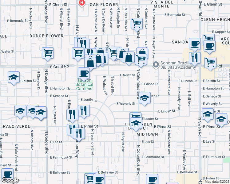 map of restaurants, bars, coffee shops, grocery stores, and more near 4142 East Seneca Street in Tucson