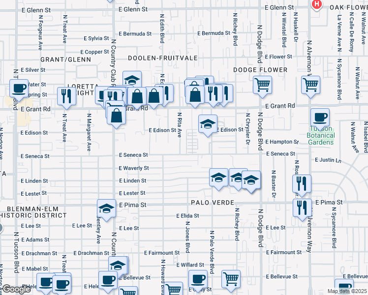 map of restaurants, bars, coffee shops, grocery stores, and more near 3401 East Seneca Street in Tucson