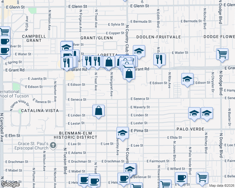 map of restaurants, bars, coffee shops, grocery stores, and more near 2931 East Seneca Street in Tucson