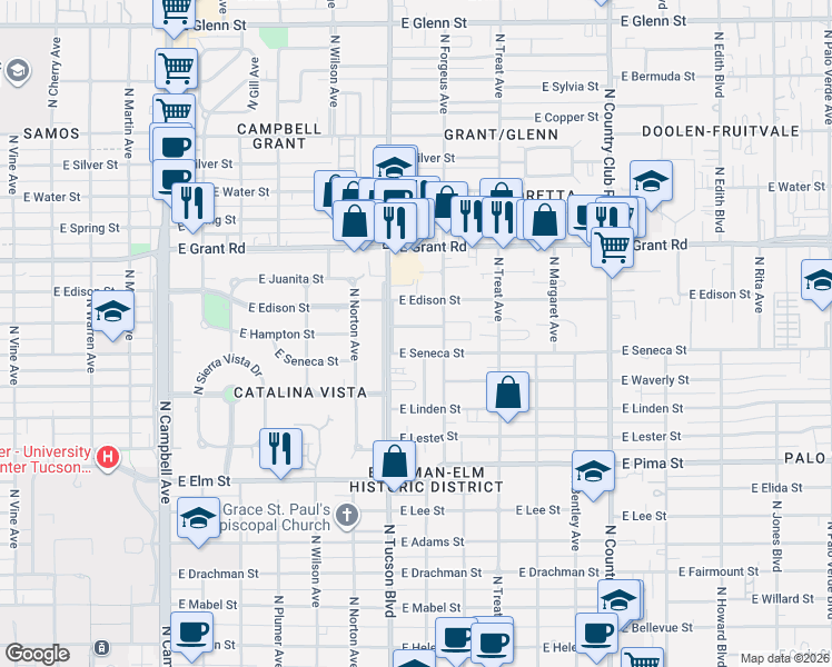 map of restaurants, bars, coffee shops, grocery stores, and more near 2541 East Seneca Street in Tucson