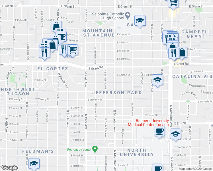 map of restaurants, bars, coffee shops, grocery stores, and more near 1215 East Seneca Street in Tucson