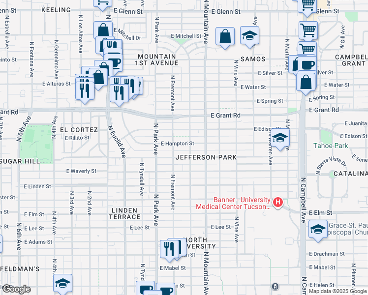 map of restaurants, bars, coffee shops, grocery stores, and more near 1111 East Seneca Street in Tucson