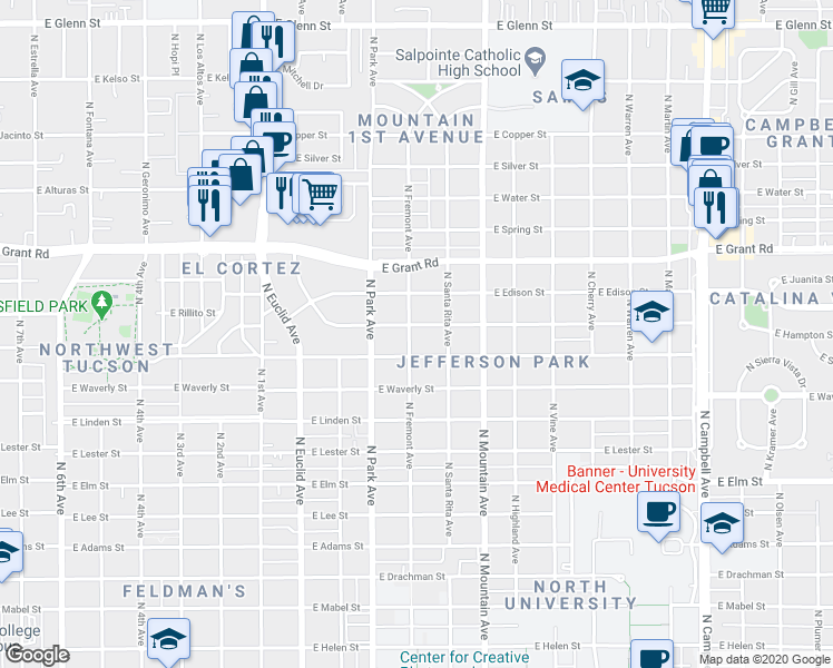 map of restaurants, bars, coffee shops, grocery stores, and more near 1111 East Seneca Street in Tucson