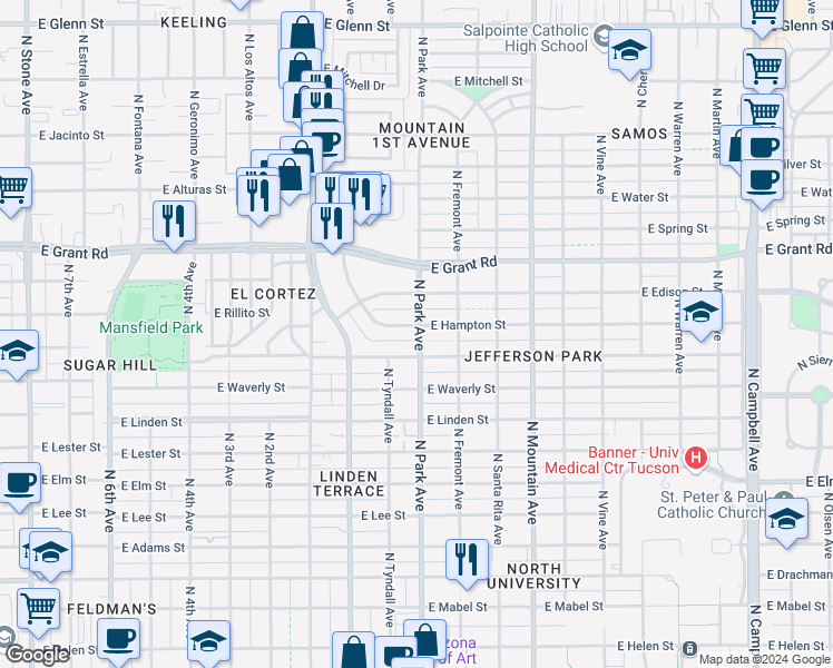 map of restaurants, bars, coffee shops, grocery stores, and more near 1001 East Seneca Street in Tucson