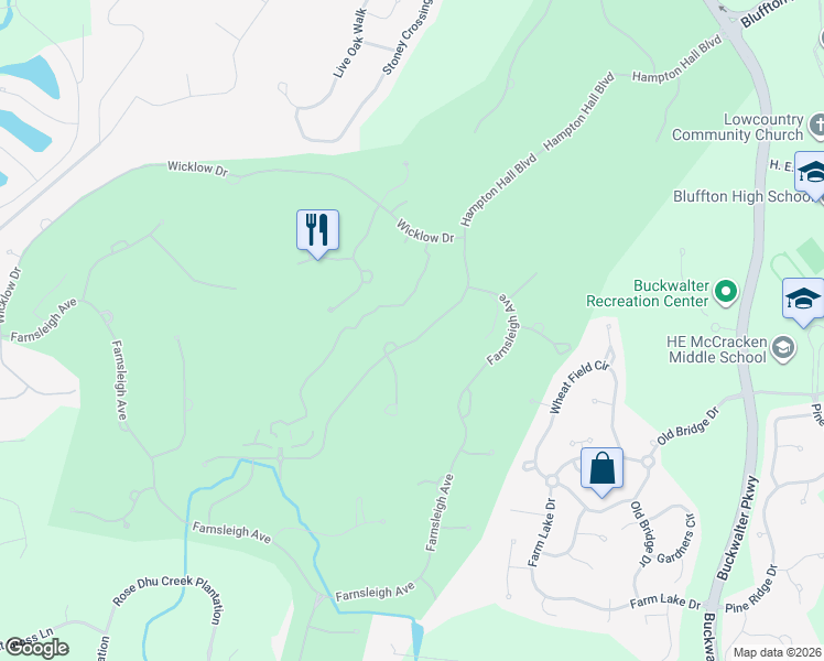 map of restaurants, bars, coffee shops, grocery stores, and more near 120 Hampton Hall Boulevard in Bluffton