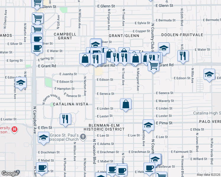 map of restaurants, bars, coffee shops, grocery stores, and more near 2625 East Seneca Street in Tucson