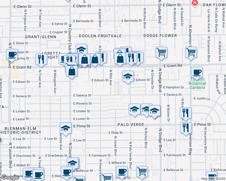 map of restaurants, bars, coffee shops, grocery stores, and more near 3401 East Seneca Street in Tucson