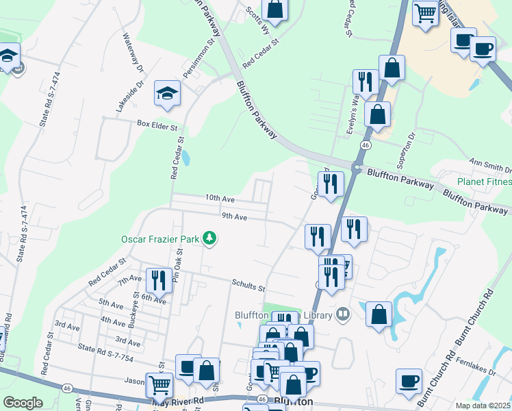 map of restaurants, bars, coffee shops, grocery stores, and more near 54 9th Avenue in Bluffton