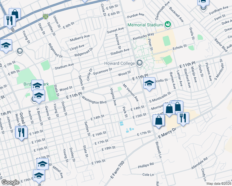map of restaurants, bars, coffee shops, grocery stores, and more near 501-599 Washington Blvd in Big Spring