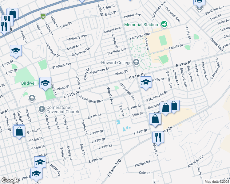 map of restaurants, bars, coffee shops, grocery stores, and more near 501-599 Washington Blvd in Big Spring