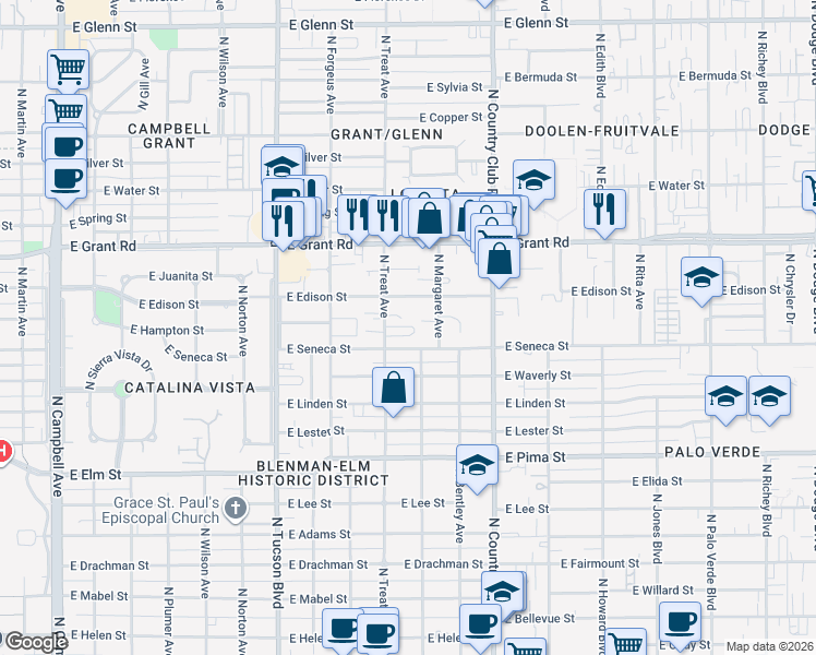 map of restaurants, bars, coffee shops, grocery stores, and more near 2831 East Seneca Street in Tucson