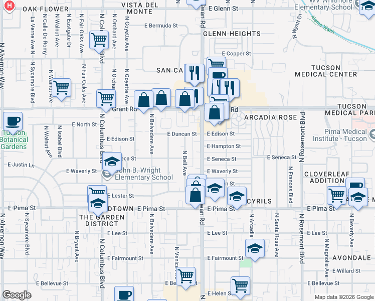 map of restaurants, bars, coffee shops, grocery stores, and more near 2112 North Bell Avenue in Tucson