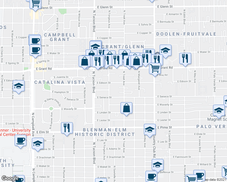 map of restaurants, bars, coffee shops, grocery stores, and more near 2625 East Seneca Street in Tucson