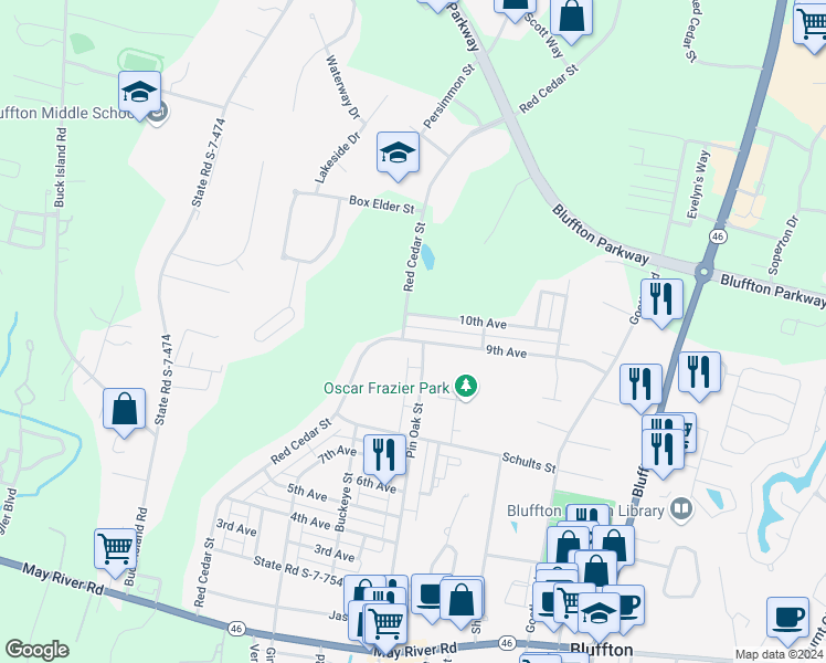 map of restaurants, bars, coffee shops, grocery stores, and more near 141 9th Avenue in Bluffton