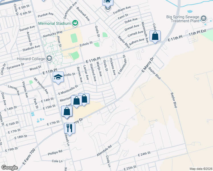 map of restaurants, bars, coffee shops, grocery stores, and more near 2400-2498 Morrison Drive in Big Spring