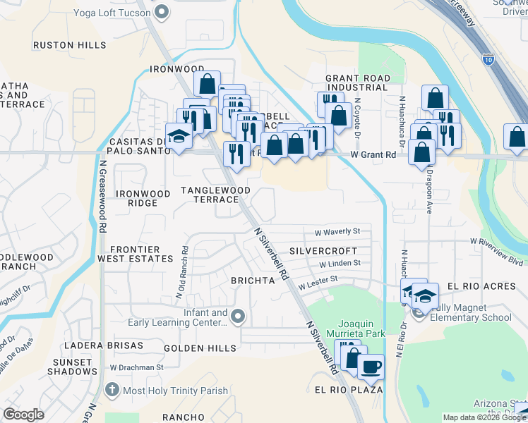 map of restaurants, bars, coffee shops, grocery stores, and more near 2120 North Silverbell Road in Tucson