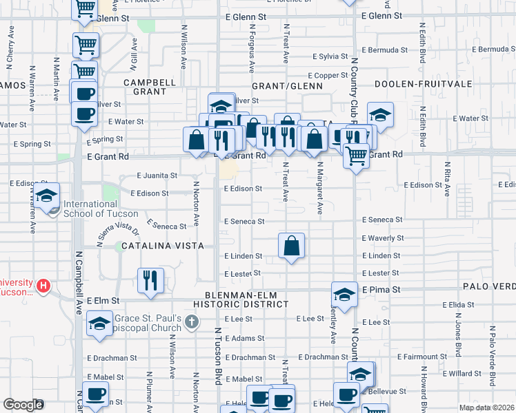 map of restaurants, bars, coffee shops, grocery stores, and more near 2625 East Seneca Street in Tucson