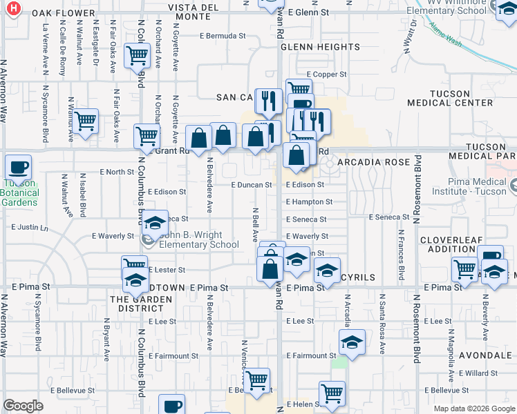 map of restaurants, bars, coffee shops, grocery stores, and more near 2112 North Bell Avenue in Tucson