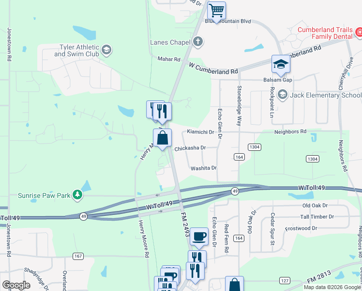 map of restaurants, bars, coffee shops, grocery stores, and more near 10840 Chickasha Drive in Tyler