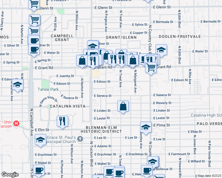 map of restaurants, bars, coffee shops, grocery stores, and more near 2625 East Seneca Street in Tucson