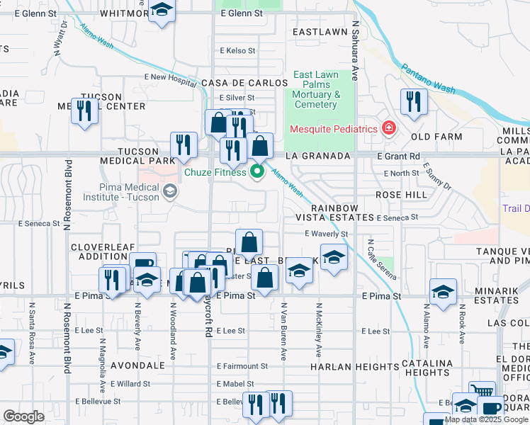 map of restaurants, bars, coffee shops, grocery stores, and more near 5621 East Julius Stravenue in Tucson